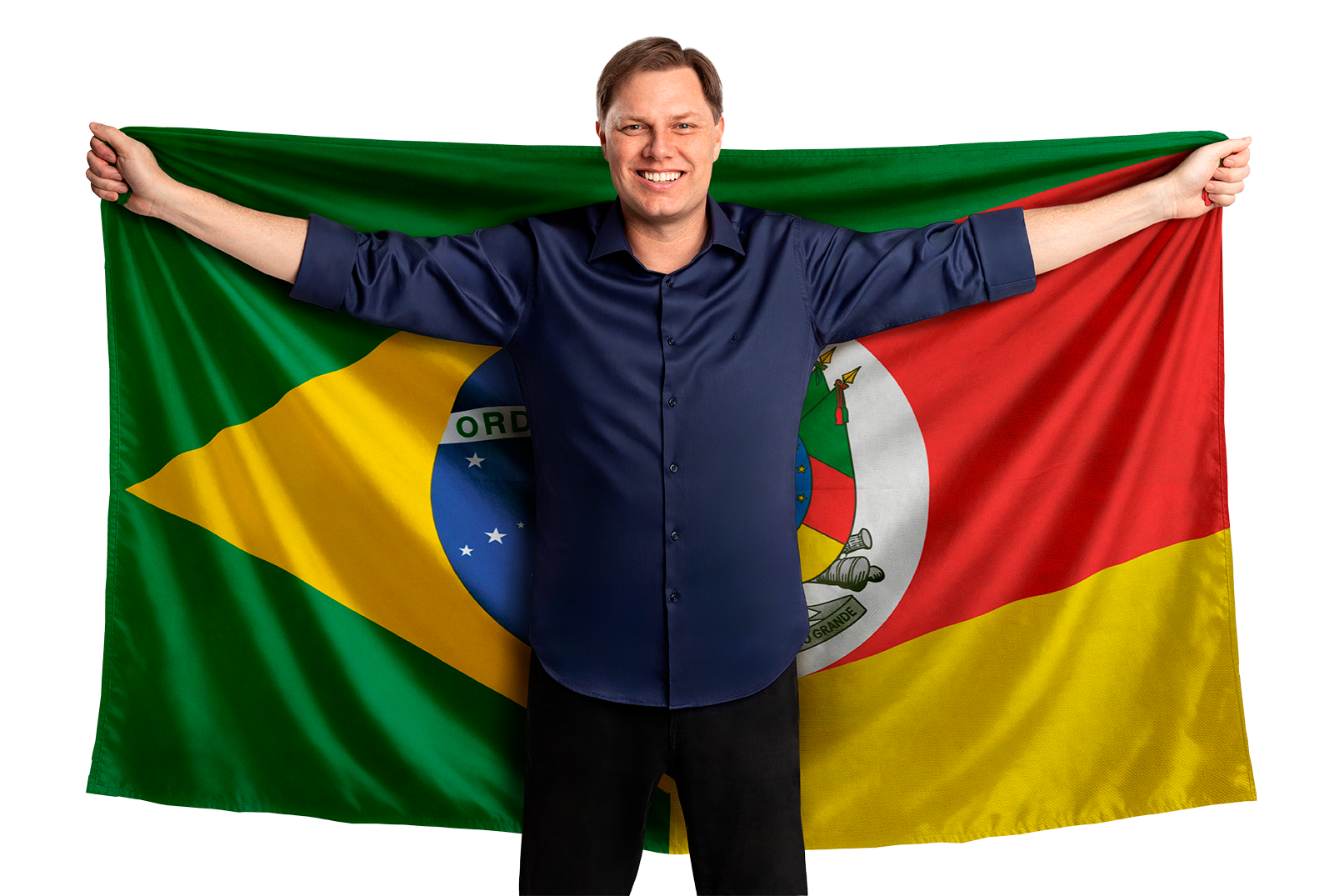Lucas Redecker com as bandeiras do Brasil e do Rio Grande do Sul